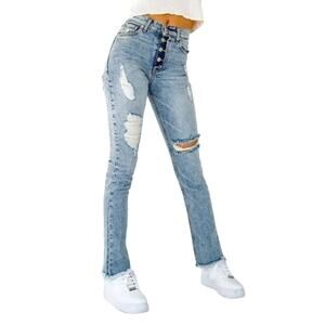 Revice Dream Boyfriend Fit Jeans Button Fly Distressed Raw Hem High Rise 29x25